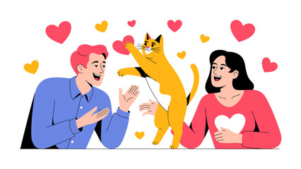 Loving Hearts with a Playful Cat: A tender moment unfolds as a couple shares an affectionate interaction with a lively cat, surrounded by the universal symbol of love.