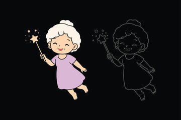 Cute fairy grandma character with magic wand in color and outline versions, children&rsquo;s illustration vector