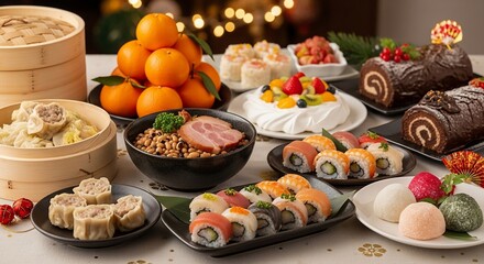 A diverse festive spread featuring an array of Asian and Western dishes including sushi, dim sum, chocolate yule logs, pavlova, and fresh oranges on a table with blurred lights in the background.