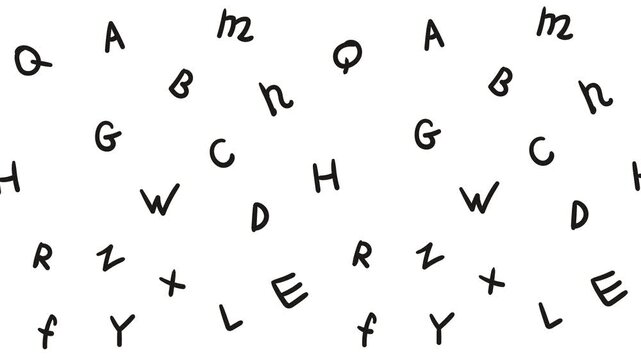 Letters from the English alphabet fly or move across the screen, scattered in space.