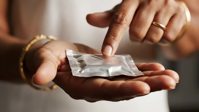 Safe sex education through condom wrapper held in hand video.