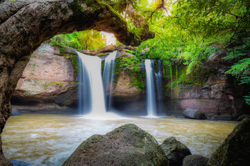 Amazing beautiful waterfalls in deep forest at Haew Suwat Waterfall in Khao Yai National Park, Thailand