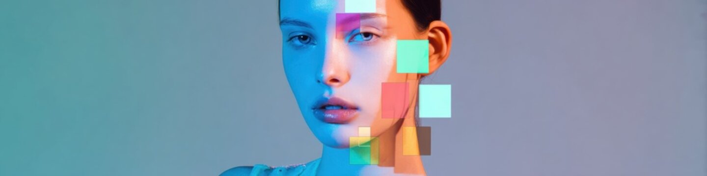 Modern Gen Z Woman with Futuristic Digital Pixel Overlay Premium Creative Content for Tech-Inspired Marketing and Advertising Campaigns