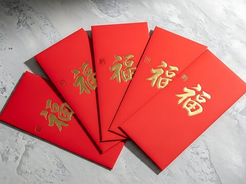 Modern minimalist spread of red Chinese gift envelopes with golden script on neutral grey stone, soft shadows and top down perspective for Lunar New Year advertising