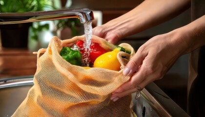 Washing fresh vegetables in a reusable produce bag.