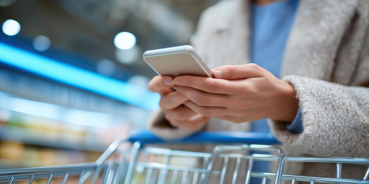 Shopper uses smartphone above cart inside brightly lit retail aisle.