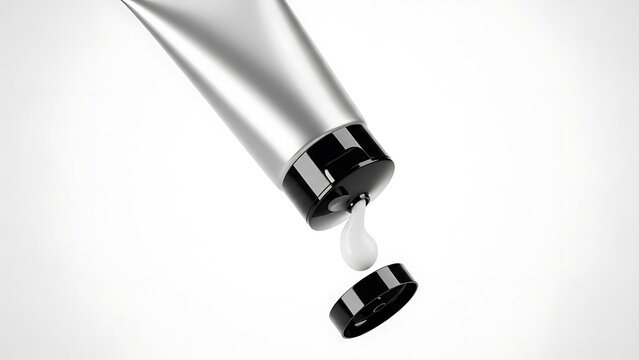Silver cosmetic tube with black cap and white cream silver tube beauty product