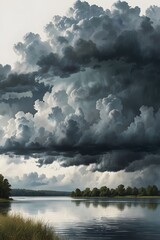 A thunderstorm rolling in over a calm lake