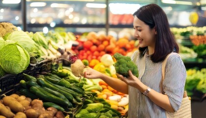 Woman choosing fresh vegetables at grocery store.