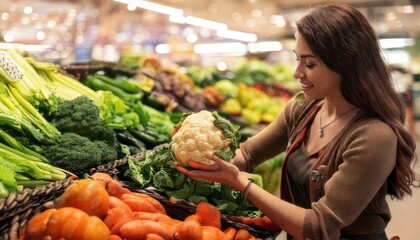Woman choosing fresh cauliflower in a supermarket produce section.