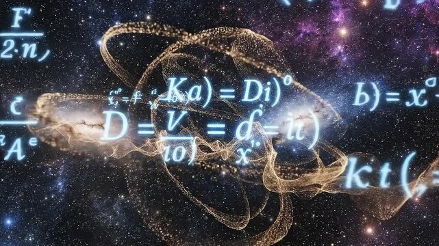Mathematical formula glowing cosmic space background with abstract particle waves, illustrating scientific discovery and advanced physics concept futuristic digital art and space background science