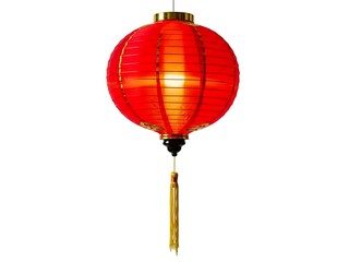 Fototapeta premium Glowing red silk lantern with gold threads and tassels isolated on white, professional product photography featuring warm internal light and detailed fabric ripples