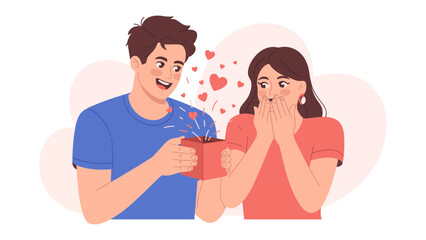 Love's Gift: A scene of affection and surprise unfolds as a person presents a heartfelt gift to a loved one, symbolized by hearts that float from the box. Capturing the essence of romance.