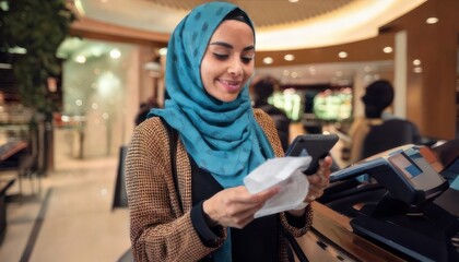 Woman in Hijab Checking Receipt at Store Checkout.