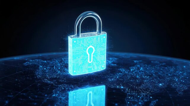 Glowing digital padlock securing global network protection, cybersecurity data protection