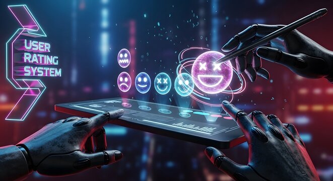 Futuristic user rating system interface on tablet with robotic hands interaction - Powered by Adobe