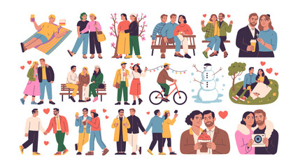 Fototapeta premium Couple's Moments: Collection of cute couple activities and events in various scenes capturing togetherness and love and different seasons and moods.