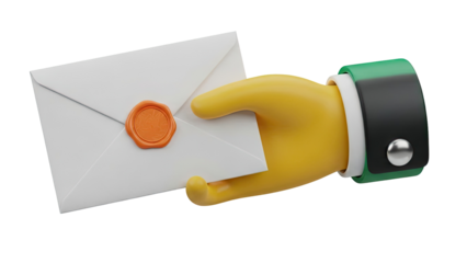 3D Render of a Cartoon Hand Holding a Wax-Sealed Envelope