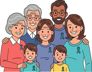 Diverse family with teal ribbons showing support and unity together