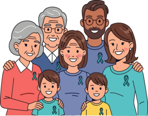 Diverse family with teal ribbons showing support and unity together