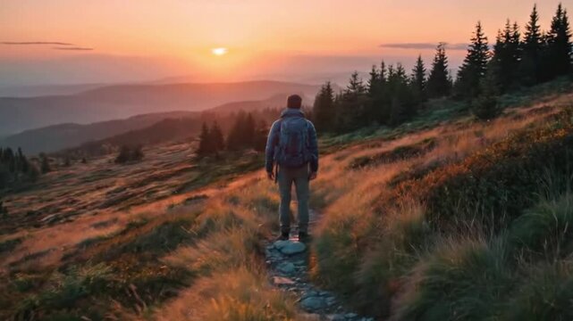 A lone traveler, seen from behind with a backpack, embarks on a journey along a rocky mountain path during the golden hour. The breathtaking landscape is illuminated by the warm, radiant glow of a sun