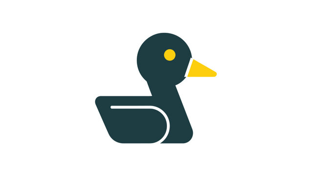 Simple illustration of a duck with a yellow beak and eye, dark green body.