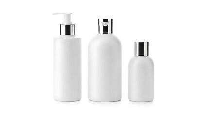 Three white cosmetic bottles with silver caps on white background pump bottle lotion bottles skincare products