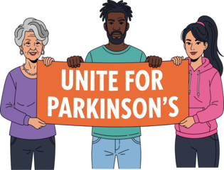 Diverse group united for Parkinson's awareness with banner