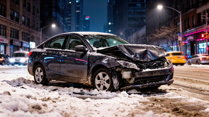 Winter Night Car Accident on Snowy City Street, Crumpled Front End, Neon Lights, and Isolated Urban Atmosphere