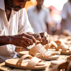 Artisan shaping a sandal's woven leather top, focused, weathered hands craft footwear in bright sunlight