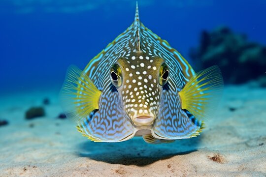 Thornback cowfish floating above sand, featuring distinctive stripes and spots