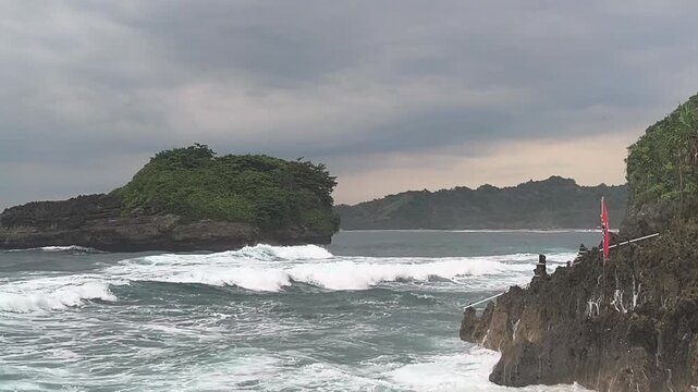 View of the southern sea of ​​Malang, East Java, Indonesia, with fierce waves