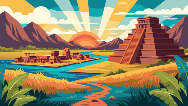 Vibrant vector illustration of an ancient Mayan pyramid complex with a river and lush vegetation, bathed in the warm glow of a sunrise, evoking a sense of historical discovery and natural beauty