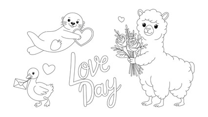Love Day illustration:  Cute illustrations of a happy otter holding a heart, a duck with a letter, and a cute llama with flowers celebrating Love Day.