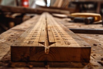 Wooden ruler tool resting on a workbench, showing detailed measurements for woodworking craft