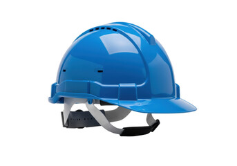 Fototapeta premium Ultra-detailed, vibrant electric blue plastic safety helmet (hard hat) showing a glossy finish and internal harness, isolated on a transparent background with copy space. Concept of industrial