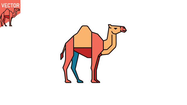 Stylized camel illustration with geometric shapes and vibrant colors on white background.