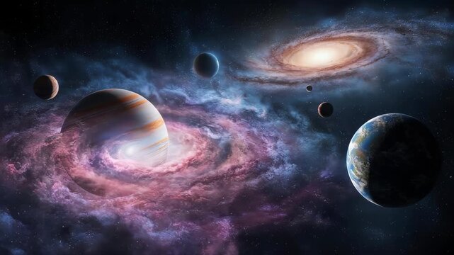 Cosmic Scene with Galaxies and Planets.
