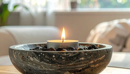 Warm burning candles in glass bowls create a romantic holiday atmosphere with flickering flames and aromatherapy flowers for spa relaxation in a dark garden night