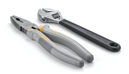 A pair of pliers beside an adjustable wrench, both tools resting on a white surface