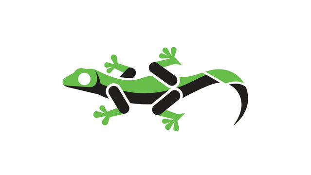 Stylized green lizard illustration with black accents and white eyes, isolated on white background.