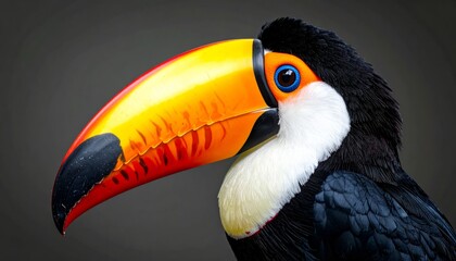 Obraz premium A colorful wild toco toucan with a bright yellow beak and exotic feathers sits isolated on a black background in a tropical Brazil rainforest jungle scene