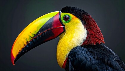 Obraz premium A colorful wild toco toucan with a bright yellow beak and exotic feathers sits isolated on a black background in a tropical Brazil rainforest jungle scene