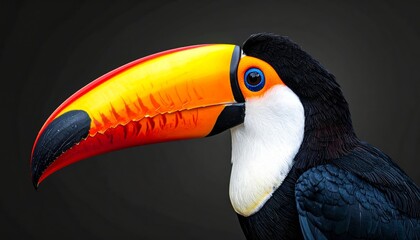 Obraz premium A colorful wild toco toucan with a bright yellow beak and exotic feathers sits isolated on a black background in a tropical Brazil rainforest jungle scene