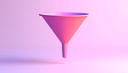 A pink, 3D-rendered funnel levitates against a soft pink and purple gradient background