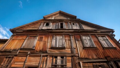 Weathered Wooden Building Facade Against a Bright Blue Sky.