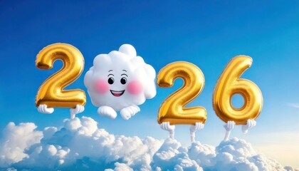 Whimsical 2026 New Year Celebration with Cloud Character.