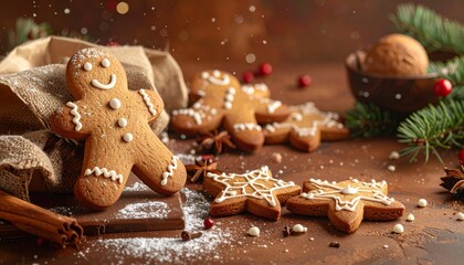 Homemade star and tree shaped gingerbread cookies with sweet icing decoration make a festive winter holiday dessert snack