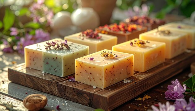 Relaxing spa still life featuring aromatic candles with flickering flames and fresh flower blossoms for a wellness aromatherapy treatment including natural soap and a soft towel for body care