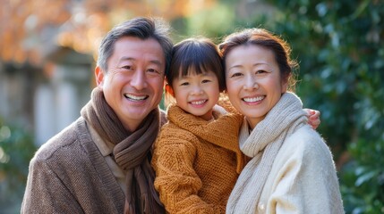 Three family members are smiling and posing together in a park. The older adults are wearing sweaters and the young girl is in a cozy outfit. Colorful autumn leaves surround them.